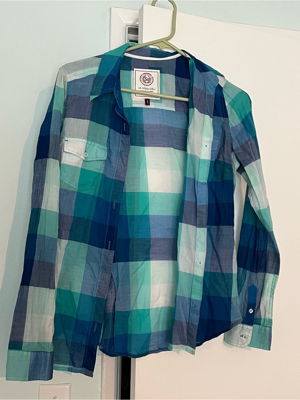 SO Wonens/Teens Blue & Teal Plaid Button-Down Shirt